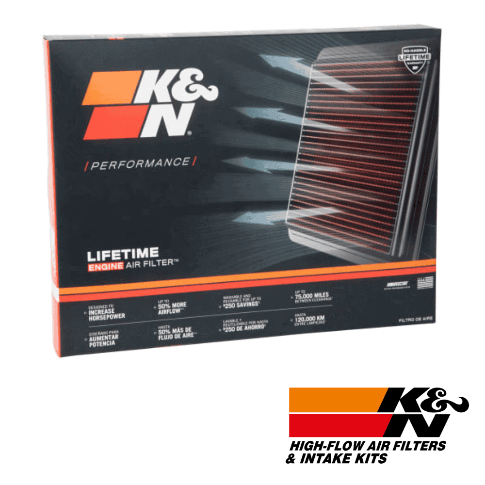 High-flow K&N air filter for engine performance and airflow enhancement.