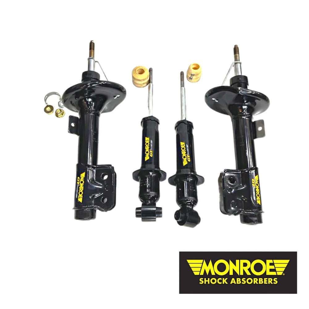 Adjustable shock absorbers for vehicle suspension systems, Monroe brand, with mounting hardware.