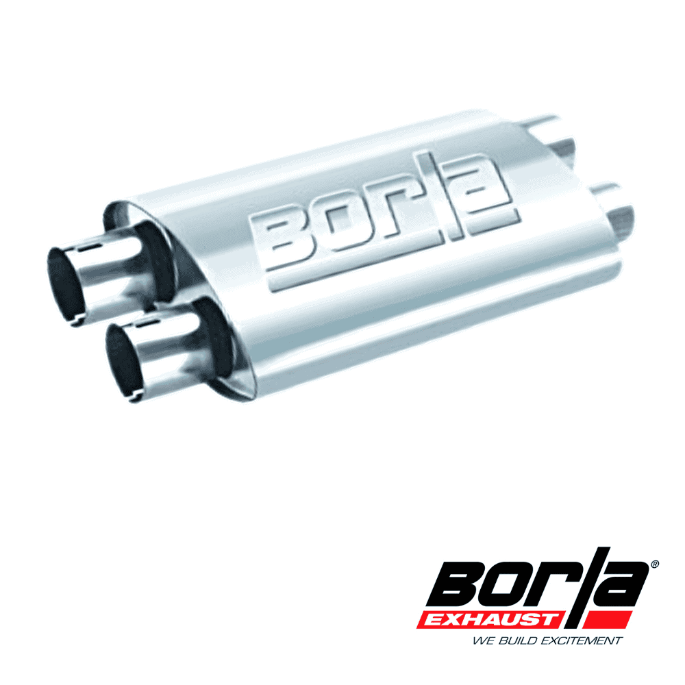 Borla exhaust muffler for automotive performance and sound enhancement.