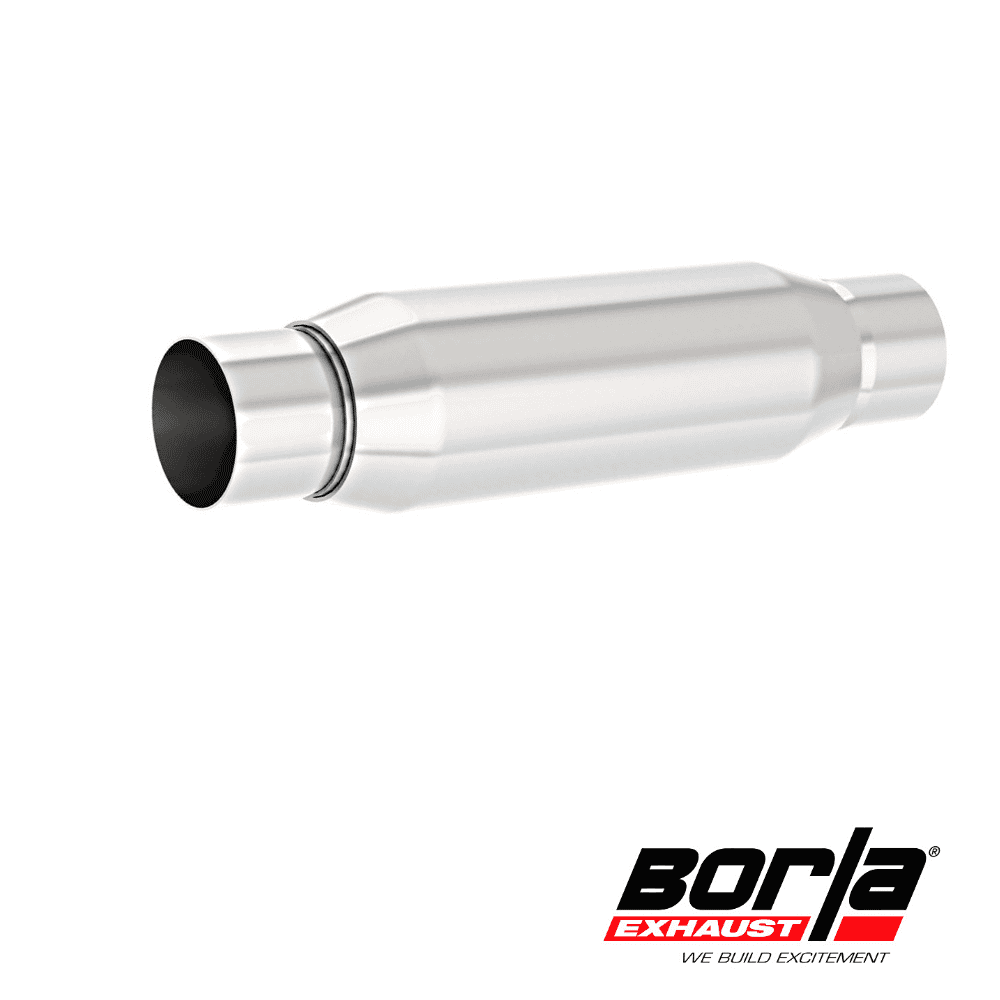 BORLA Resonator – 2.5″ Center Inlet/ 2.5″ Center Outlet 3.5″ Round x 10″ Long Body 14″ Overall Length. Universal Part. Reversible Design
