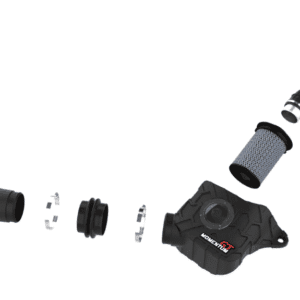 Disassembled automotive air filter housing and components on a white background.