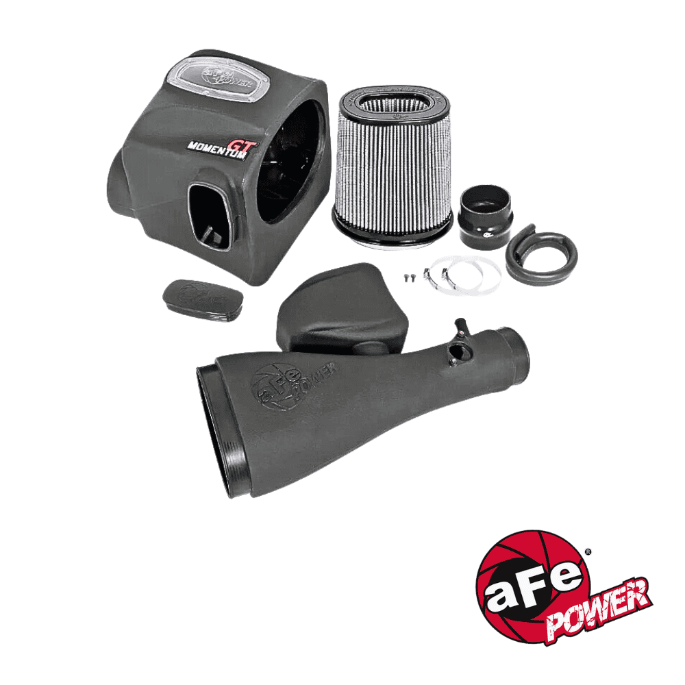 Air intake system with filter and accessories for automotive performance enhancement.