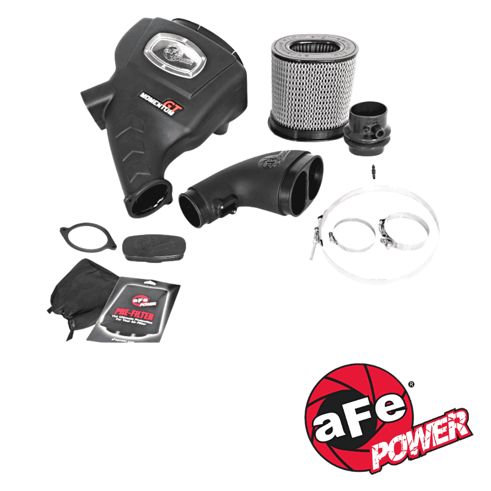 Air intake system with filter and accessories for automotive performance enhancement.