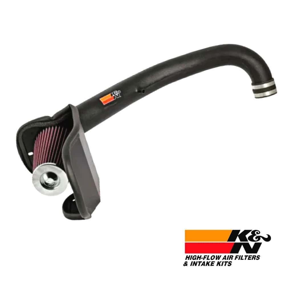 High-flow air filter and intake kit for vehicle performance enhancement.