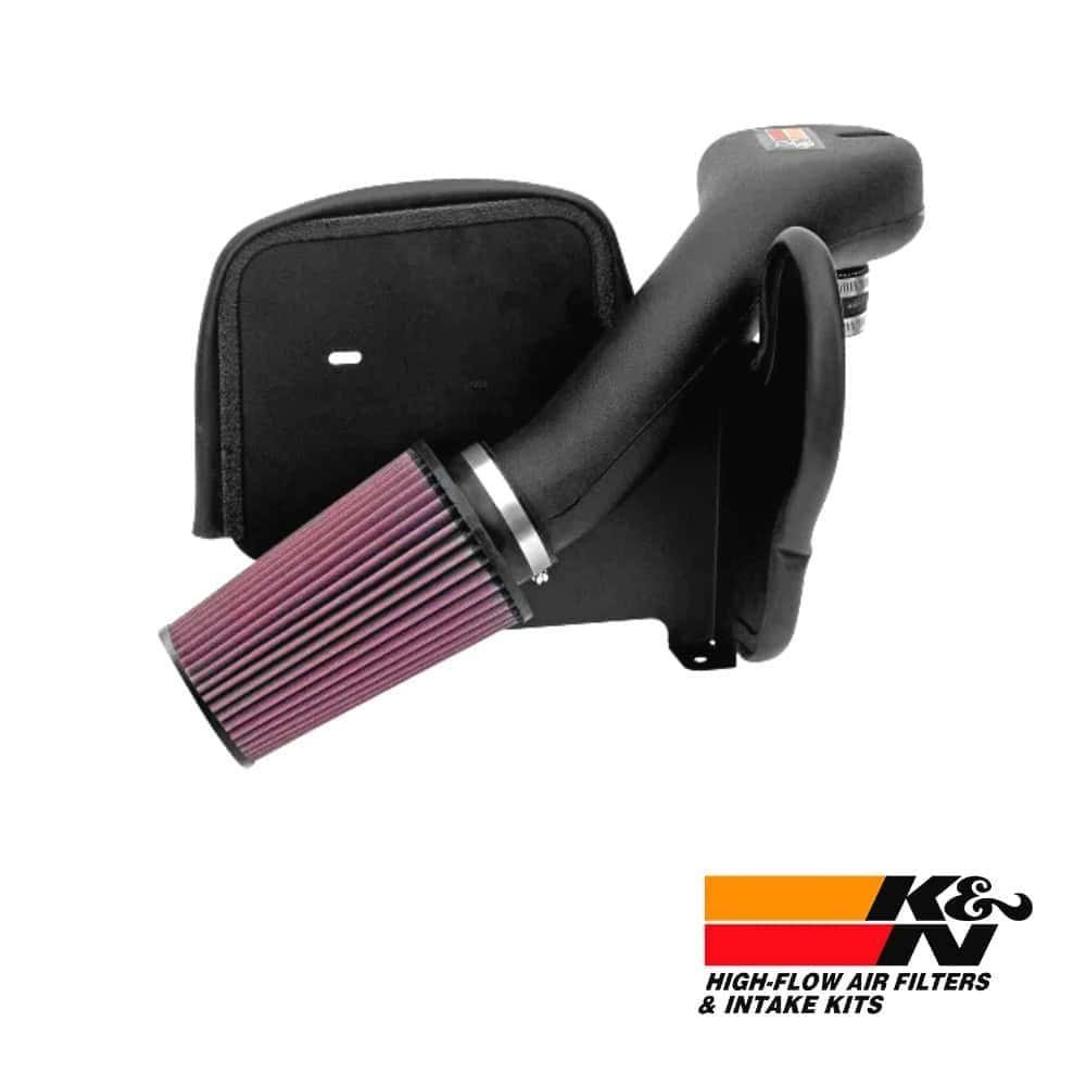 High-flow air filter and intake kit for vehicle performance enhancement.
