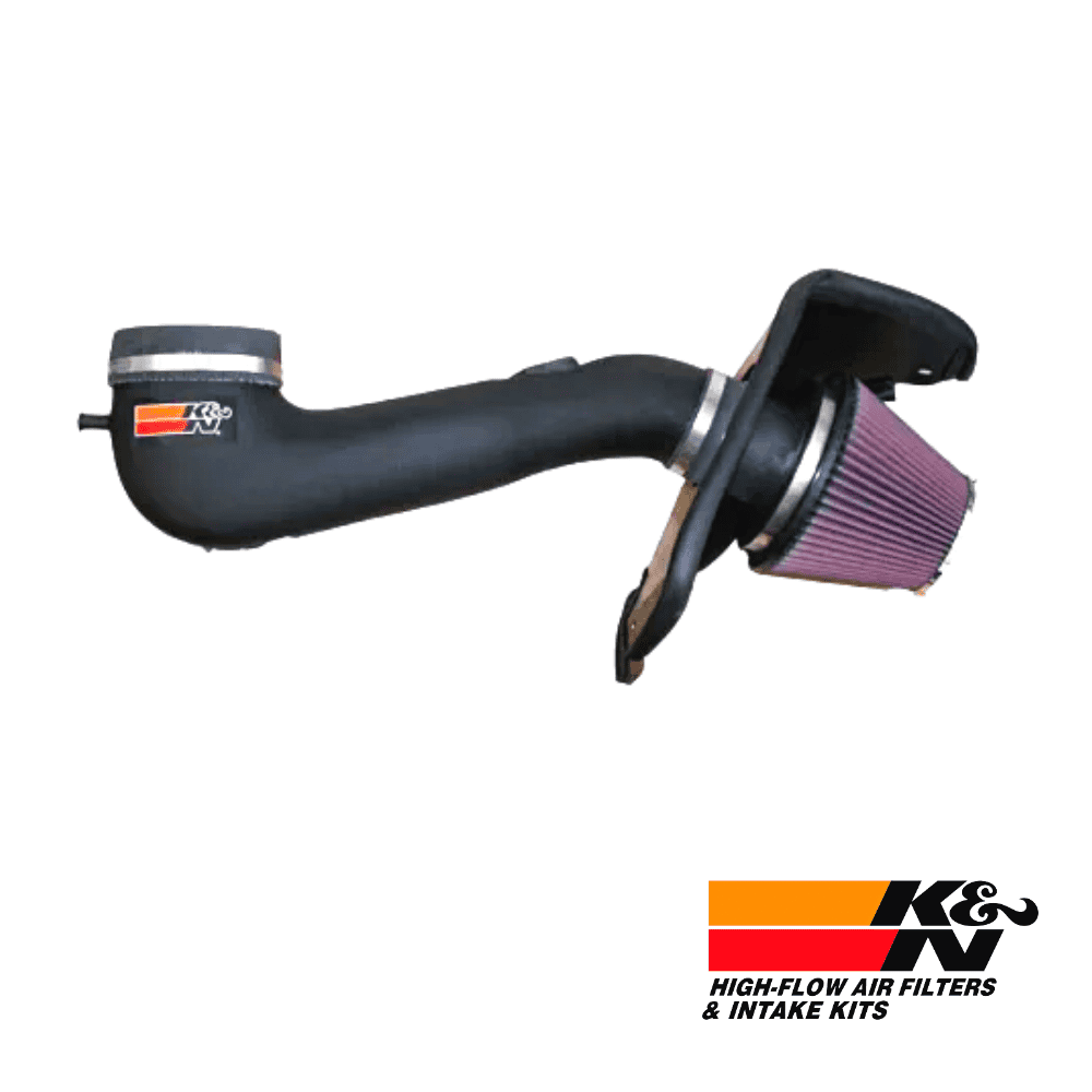 High-flow air filter and intake kit for vehicle performance enhancement.