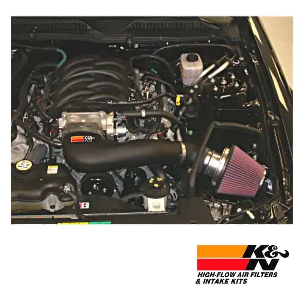 High-performance car engine with K&N high-flow air filter and intake kit for enhanced airflow and en.
