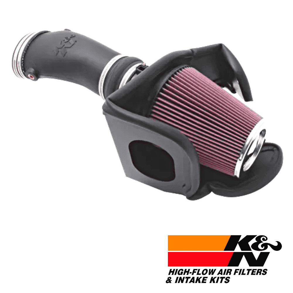 High-flow air filter and intake kit for vehicle performance enhancement.