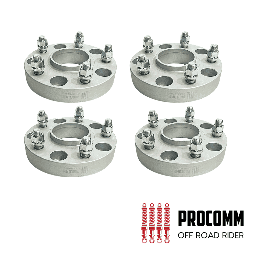 Heavy-duty wheel spacers for off-road vehicles, set of four, durable metal construction.