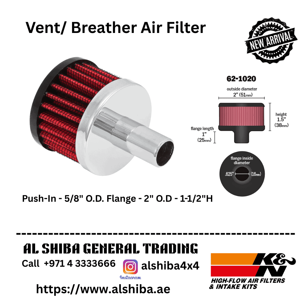 High-flow vent/breather air filter for automotive engines, easy push-in installation, durable materi.