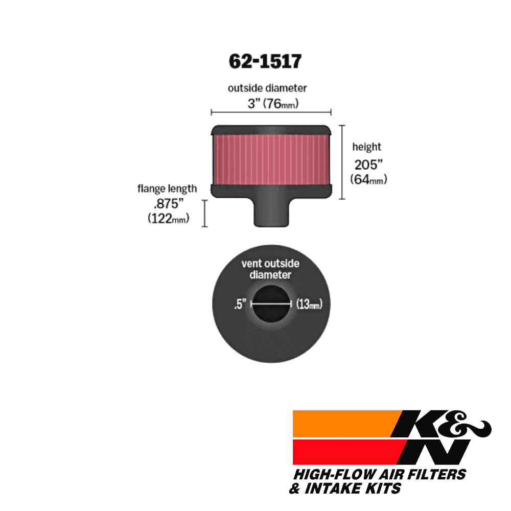 High-flow air filter with 3-inch diameter, 20-inch height, and vent outside diameter for vehicle per.