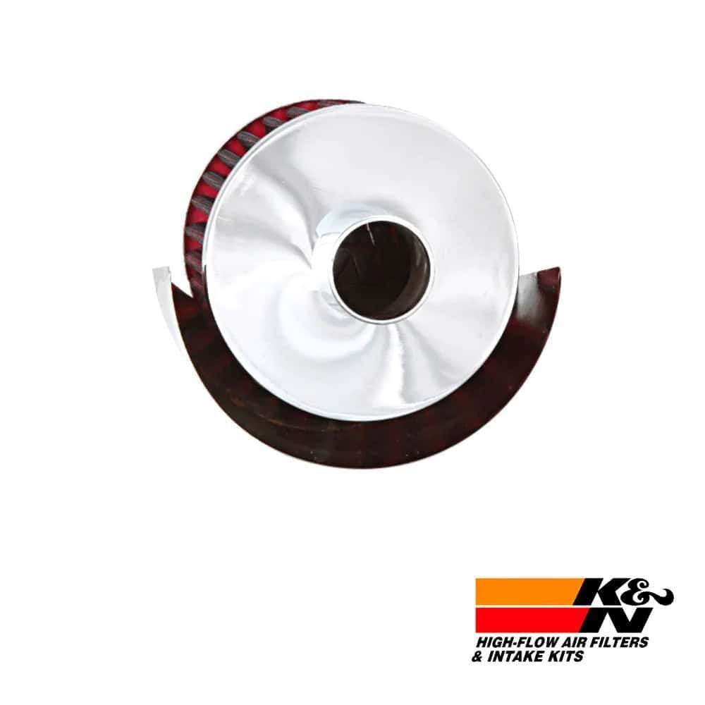 High-flow air filter and intake kit for vehicle performance enhancement.