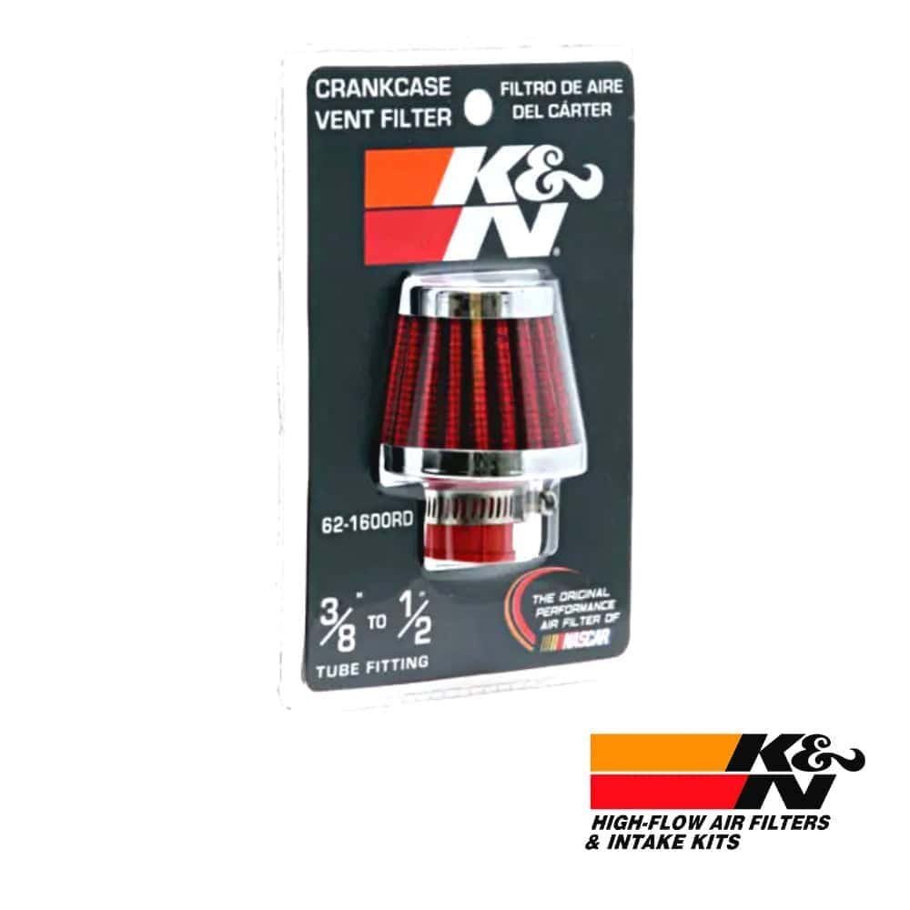 K&N high-flow air filter for crankcase vent, 3/8 to 1/2 inch tube fitting.