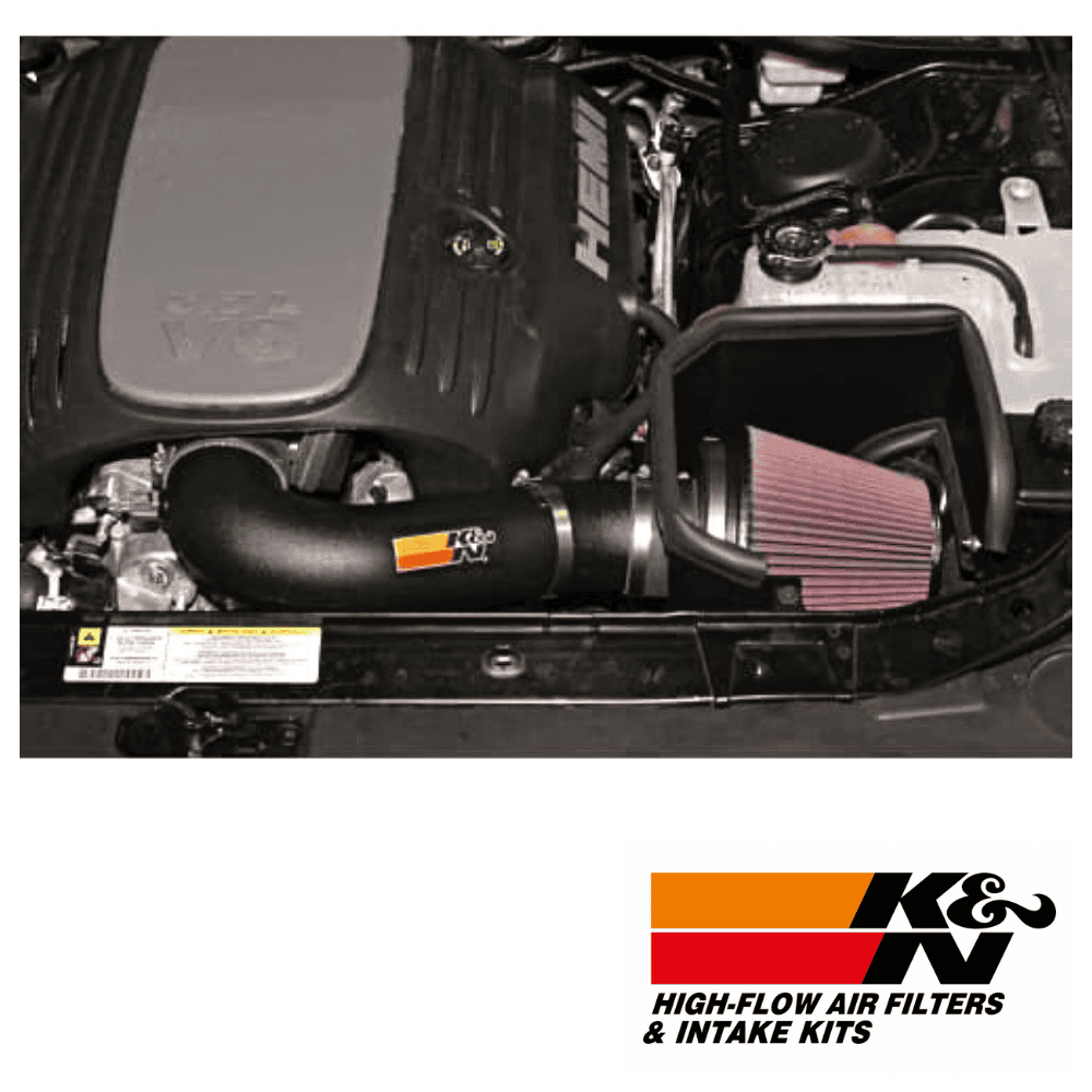 High-performance K&N high-flow air filter and intake kit installed in a vehicle engine.