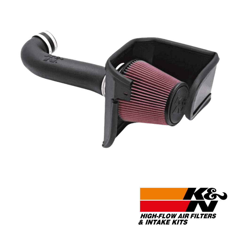 High-flow air filter and intake kit for vehicle performance enhancement.