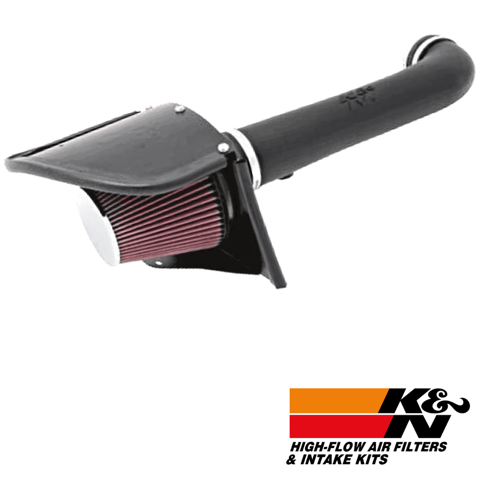 High-flow air filter and intake kit for vehicle performance enhancement.