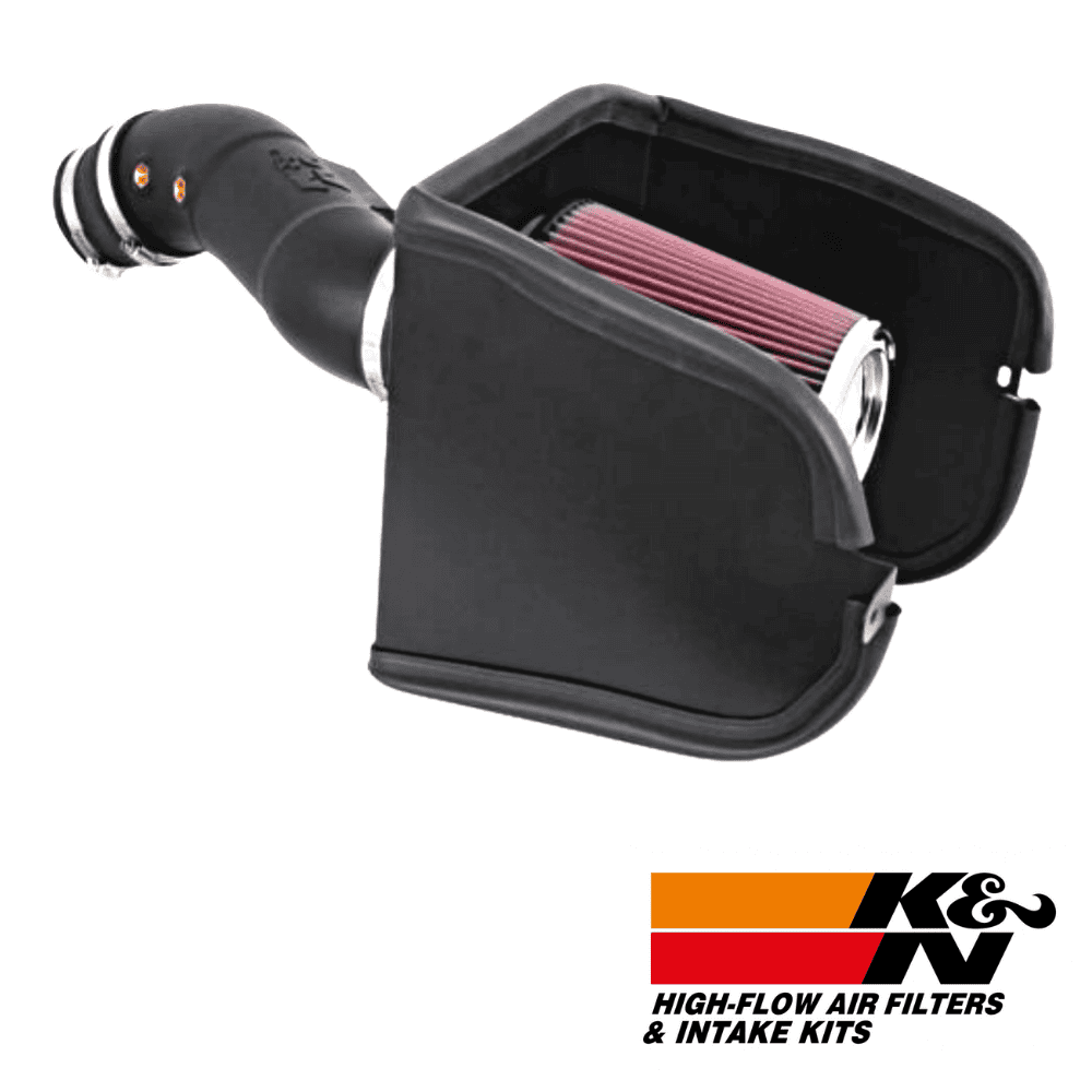 High-flow air filter and intake kit for vehicle performance enhancement.