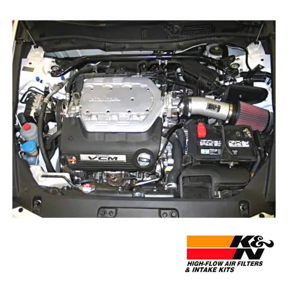 High-performance car engine with aftermarket air intake and filters.