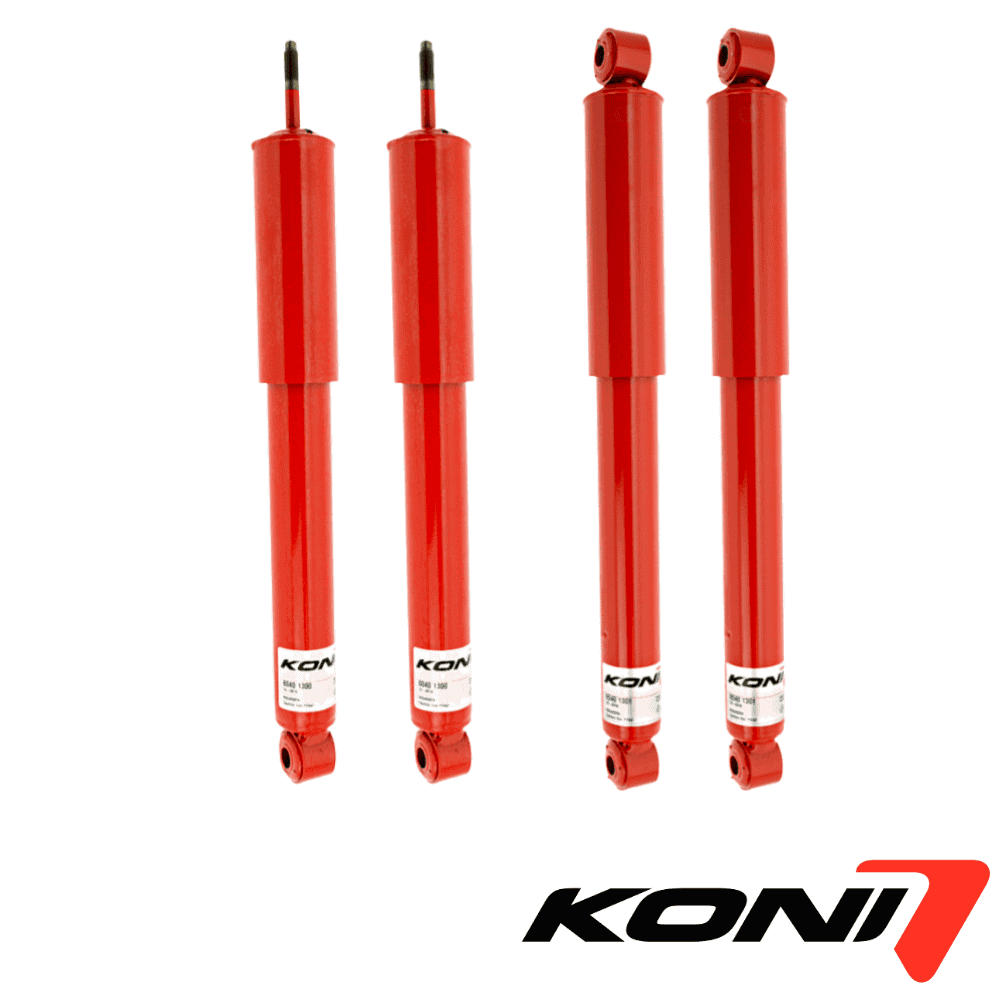 High-quality KONI shock absorbers for vehicle suspension systems in durable red finish.