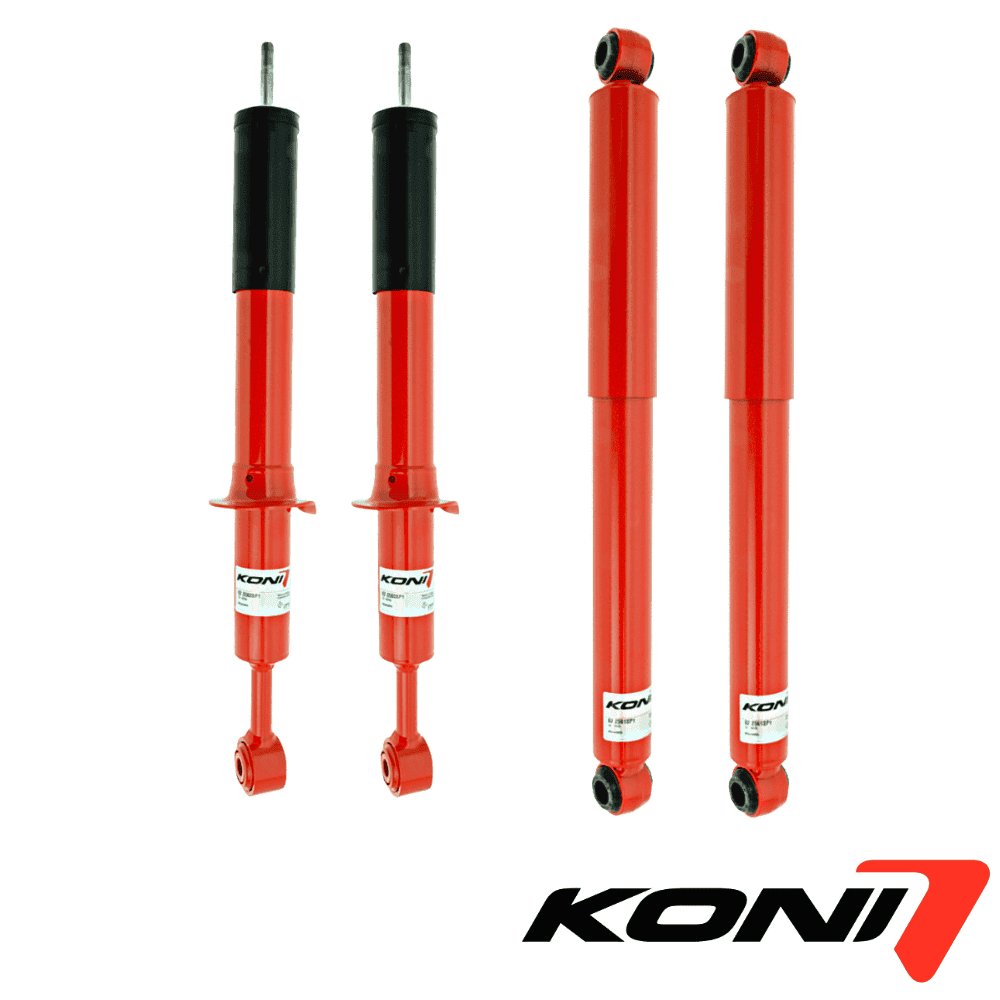 KONI shock absorbers for vehicle suspension systems, red and black design.