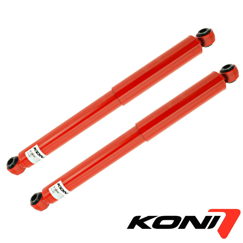 Red shock absorbers for vehicles, KONI brand, high-performance automotive suspension parts.