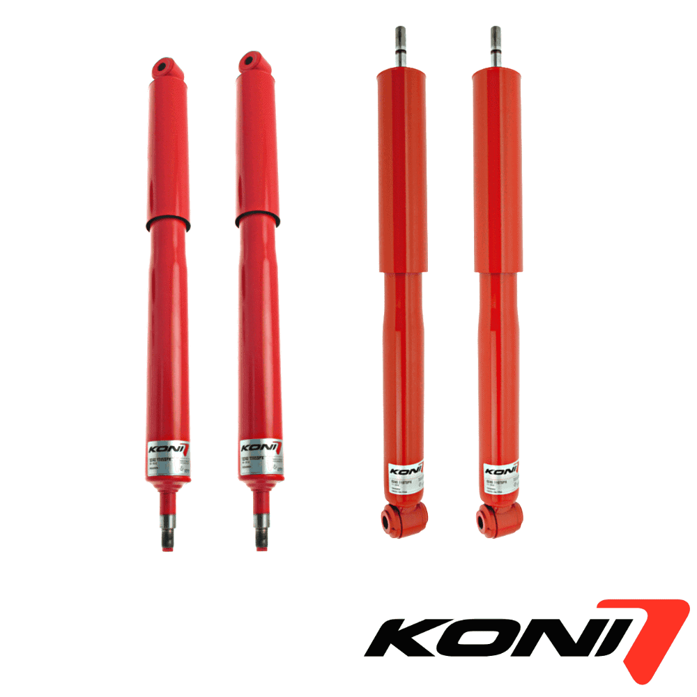 KONI shock absorbers for vehicle suspension systems, red color, high-performance automotive parts.
