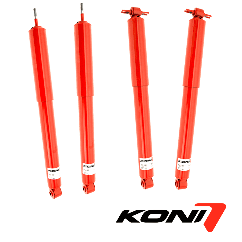 High-quality red shock absorbers for automotive suspension systems.