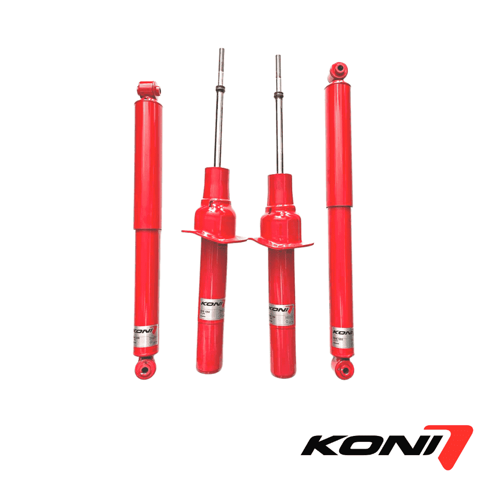 High-quality red shock absorbers for vehicle suspension systems by KONI. Durable automotive parts fo.