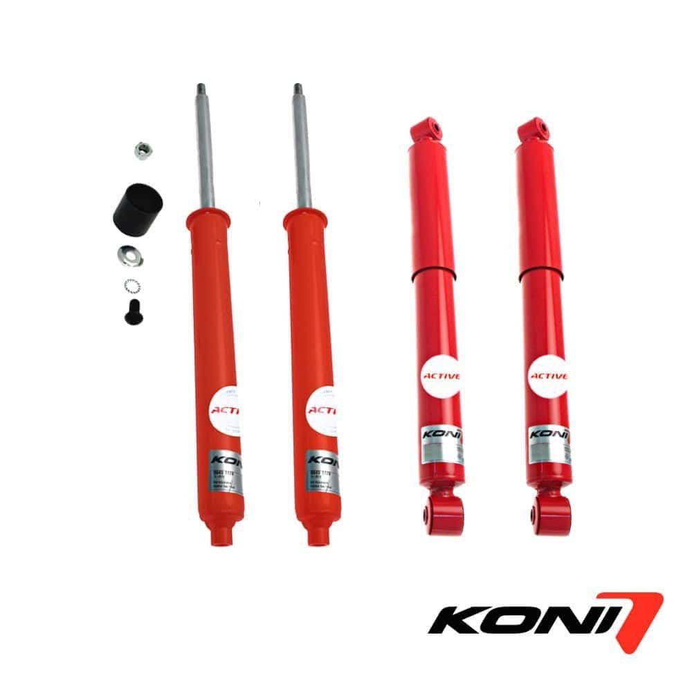 Heavy-duty red shock absorbers for vehicle suspension systems.