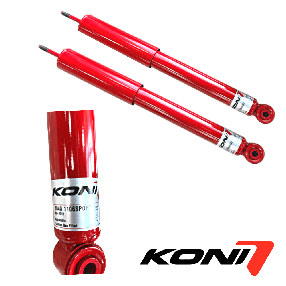 Red KONI shock absorbers for vehicle suspension systems.