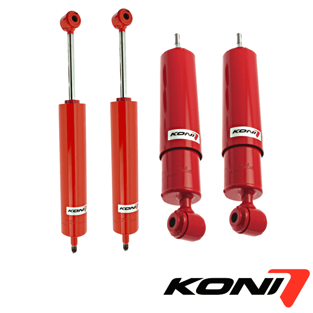 KONI red shock absorbers for vehicle suspension systems.