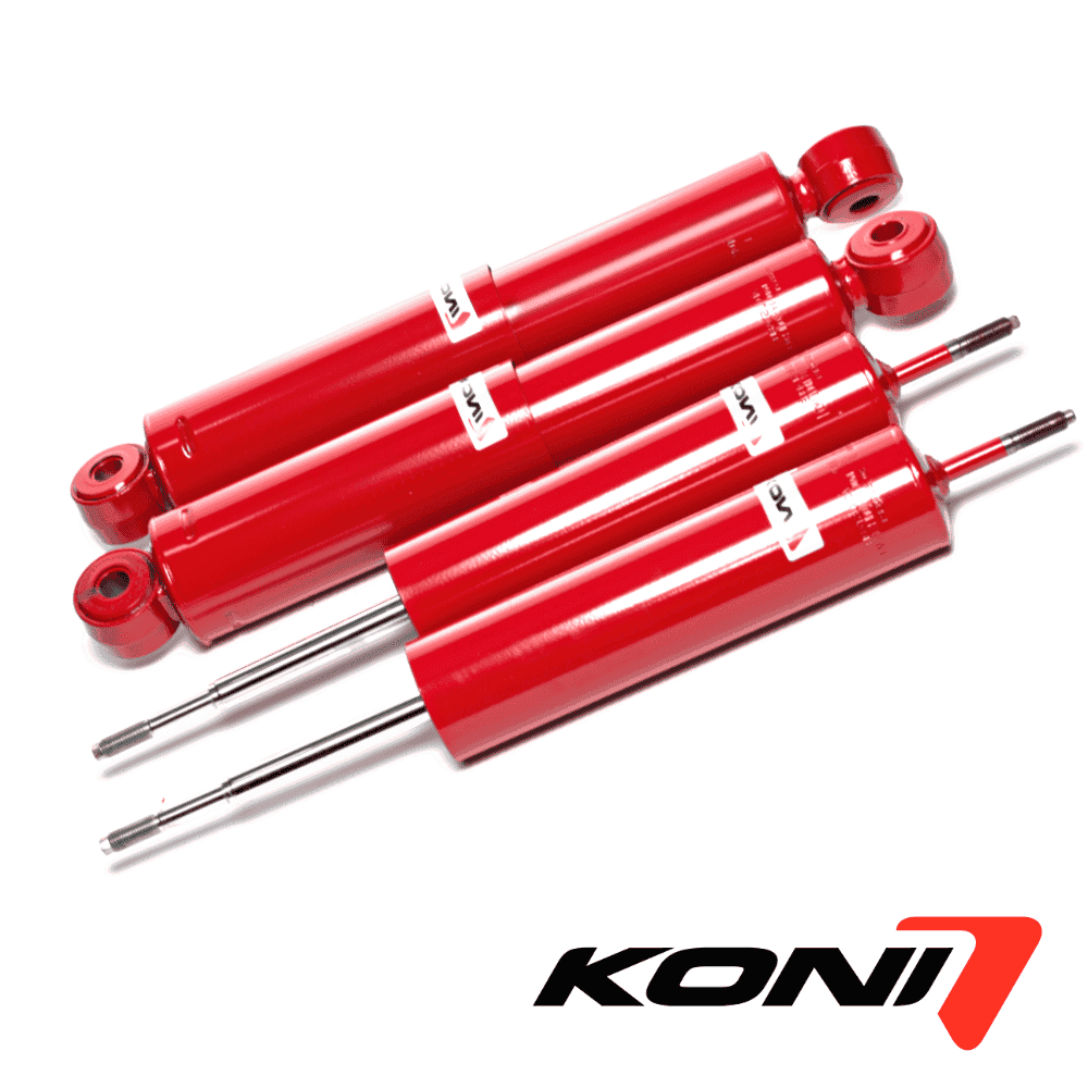 High-quality red shock absorbers for automotive suspension systems by KONI 1.