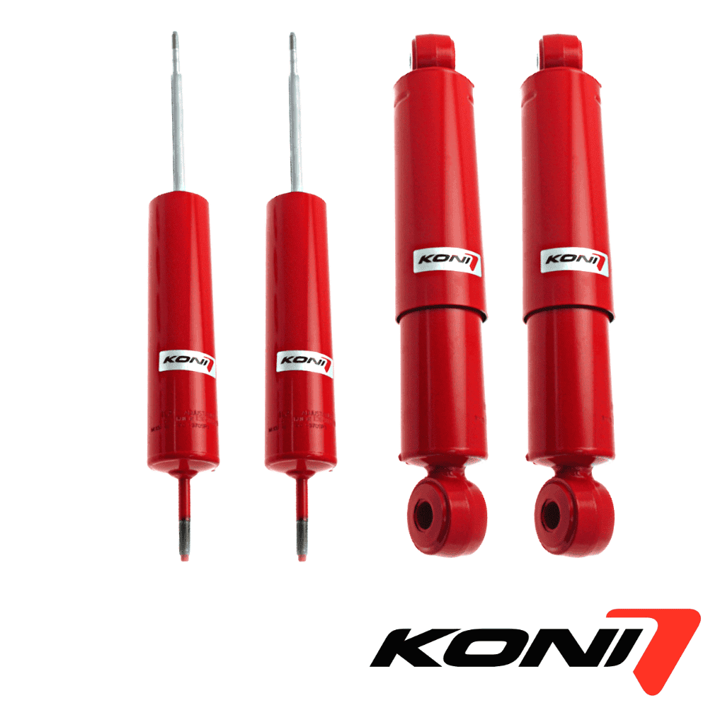 KONI red shock absorbers for vehicle suspension systems.
