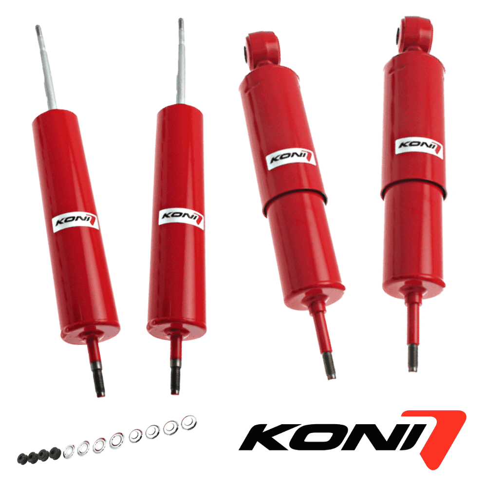 Red KONI shock absorbers for vehicle suspension systems.