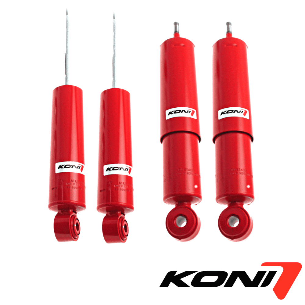 High-performance KONI shock absorbers for vehicle suspension systems in red color.