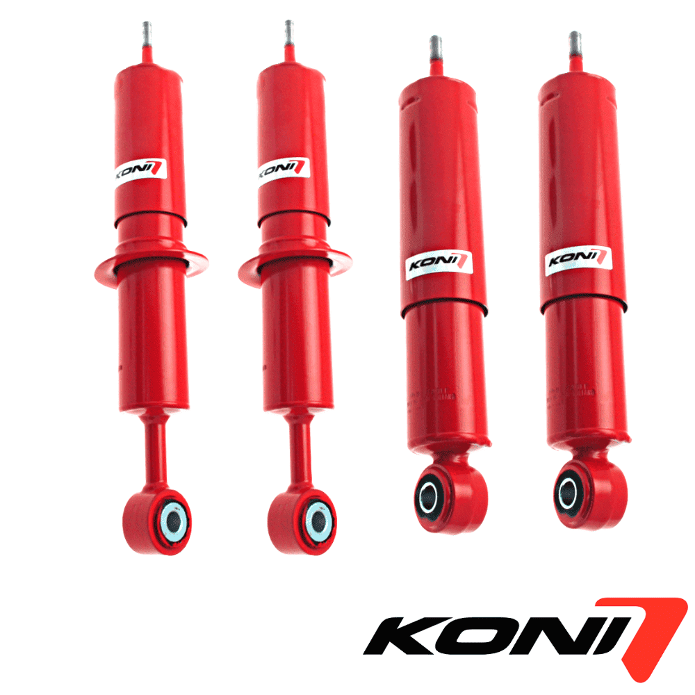 KONI shock absorbers for vehicle suspension systems, red color, high-performance automotive parts.