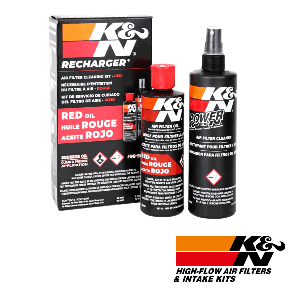 K&N Red Oil Air Filter Cleaner & Recharger Kit for High-Flow Air Filters.