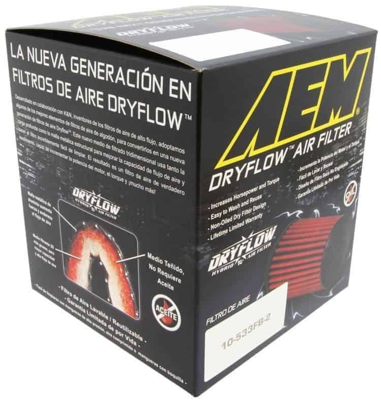 A modern air filter box with branding and product details for DryFlow Air Filter.
