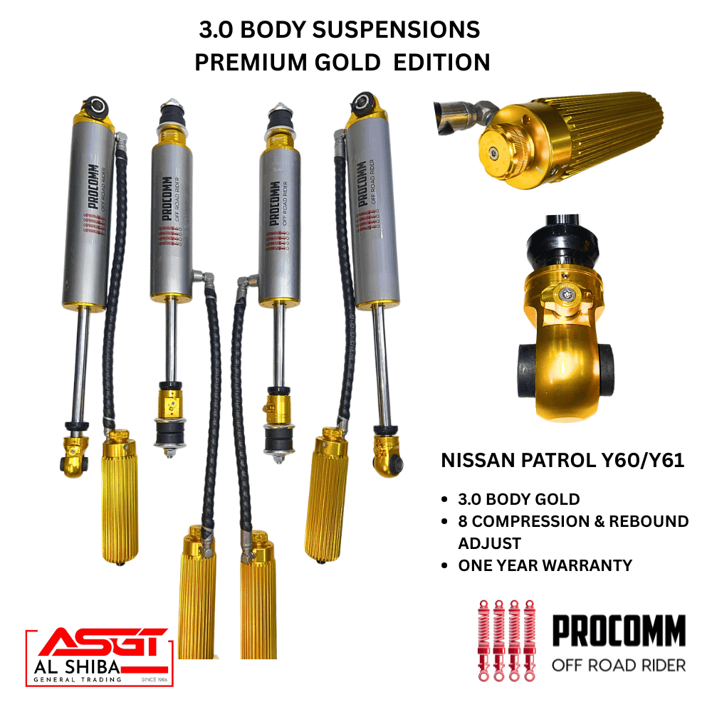 High-performance Nissan Patrol Y60/Y61 suspension components with gold finish.