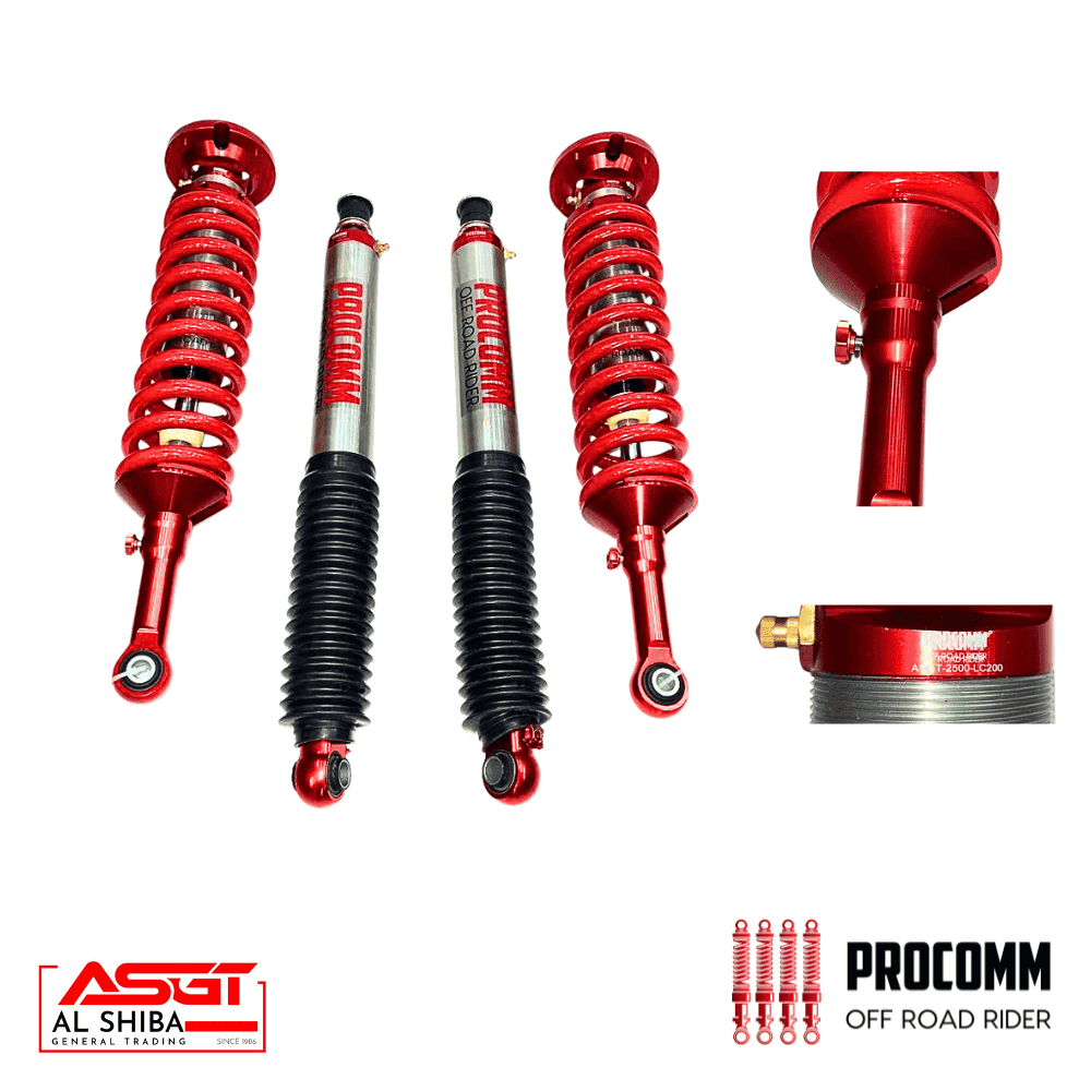 Al Shiba General Trading high-performance red shock absorbers and off-road suspension parts.