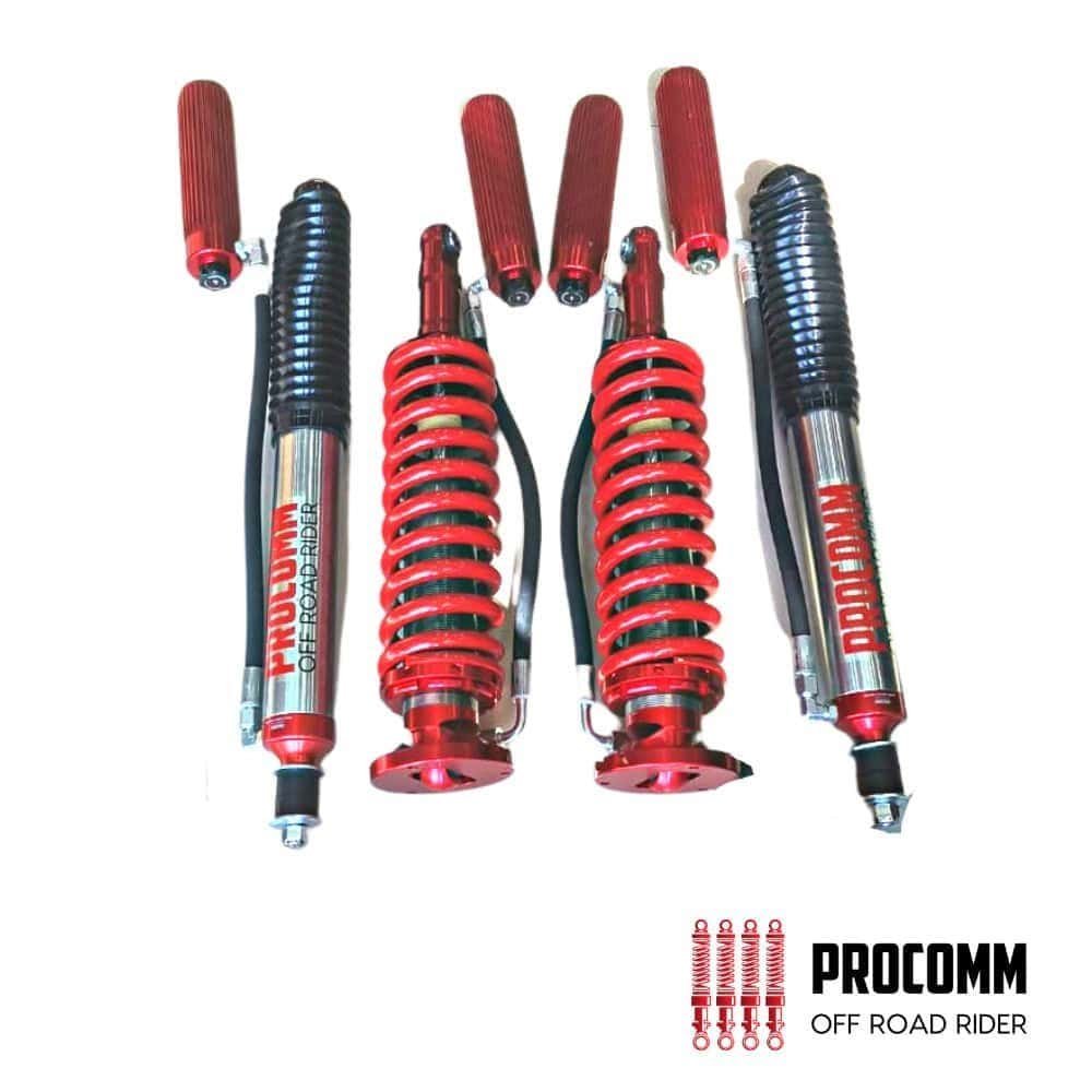 High-quality motorcycle shock absorbers with red springs and adjustable components for off-road ridi.