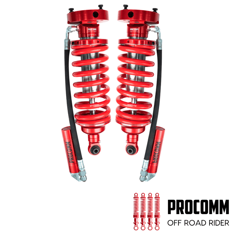 High-performance red shock absorbers for off-road vehicles by PROCOMP.