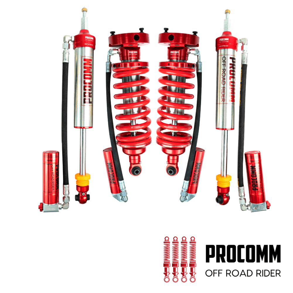 High-performance red off-road motorcycle shock absorbers for rugged terrain.