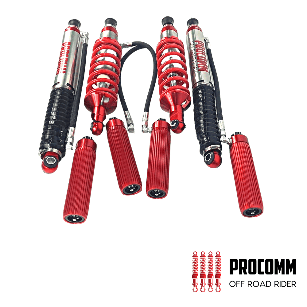 High-performance off-road shock absorbers for rugged vehicle suspension systems.