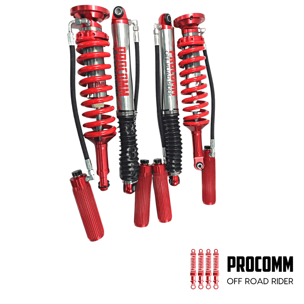 High-performance off-road shock absorbers for rugged vehicle suspension systems.