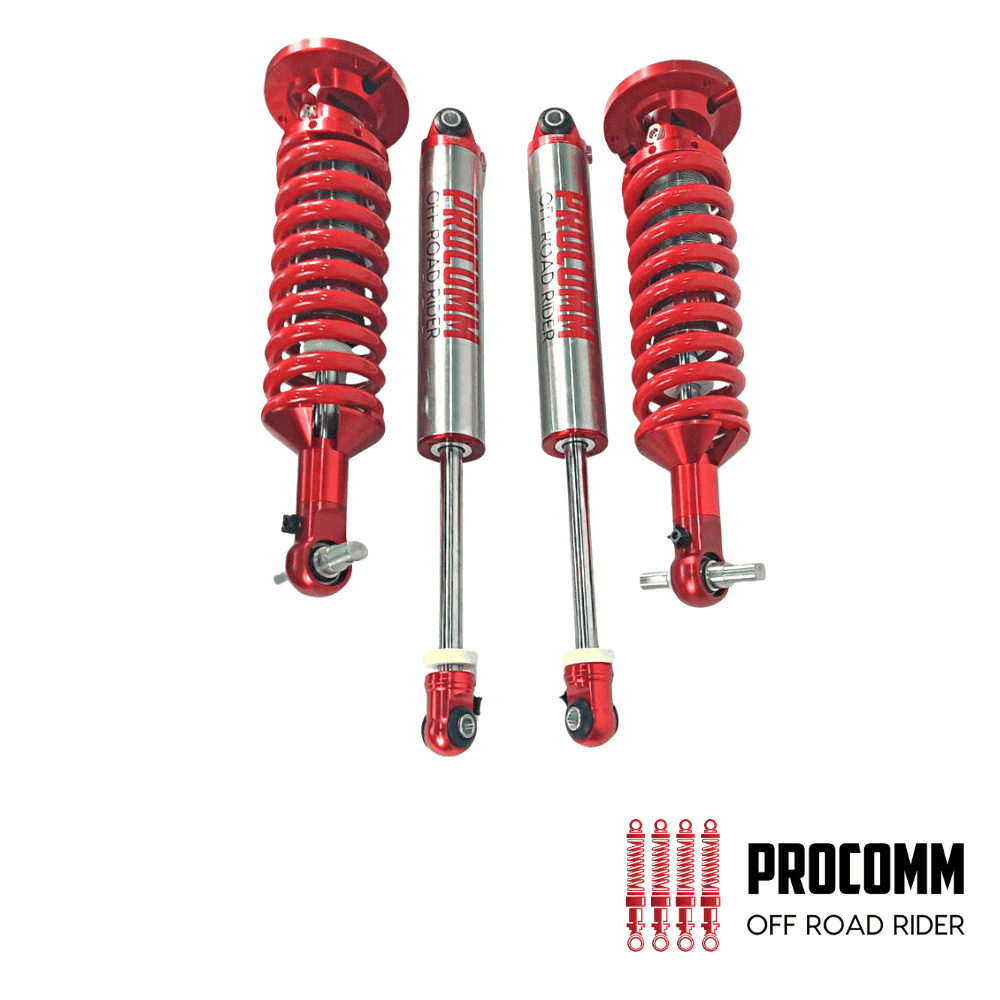 High-performance red shock absorbers for off-road vehicles by Al Shiba General Trading.