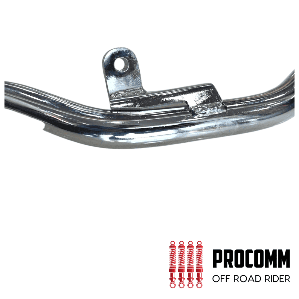 Heavy-duty motorcycle off-road rider suspension component in chrome finish.