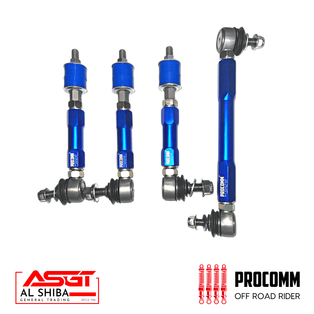 Off-road vehicle steering components with blue anodized finish for durability.