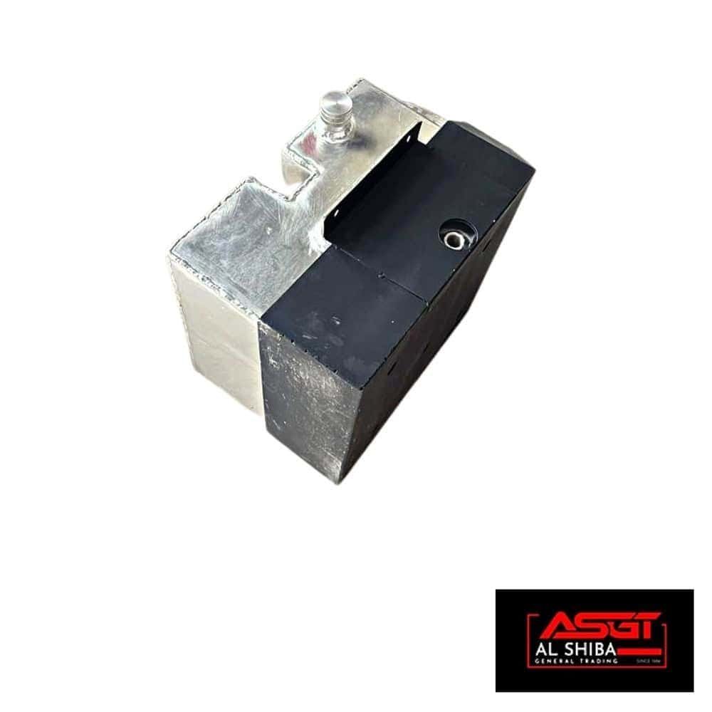 Industrial metal component with black and silver parts for machinery or equipment.