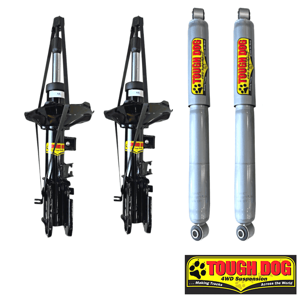 High-performance Tough Dog 4WD suspension shocks for off-road vehicles.